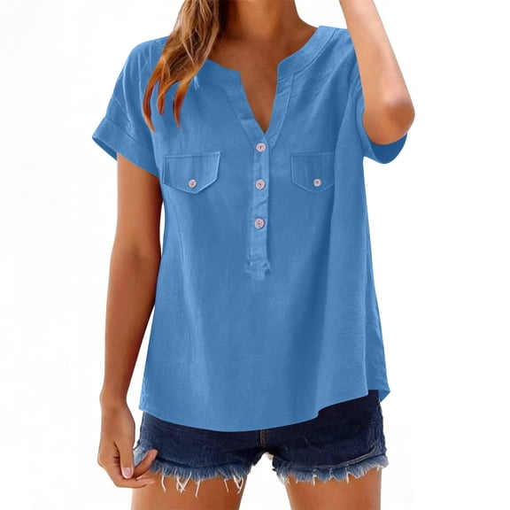 Enjoytime Womens Tops Trendy Solid Color V-Neck Button Down Blouses Summer Spring Business Casual Short Sleeve Shirts Blue L