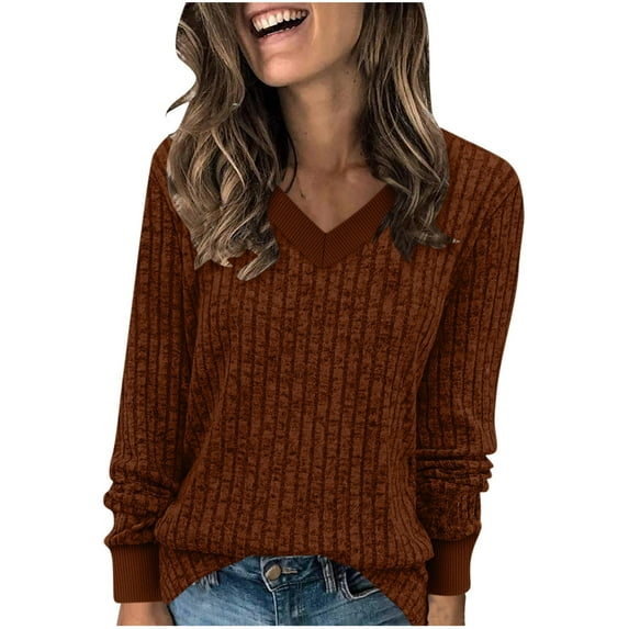 Enjoytime Womens Tops Trendy Solid Color V-Neck Long Sleeve Blouse Business Casual Vacation Shirts 2025 Fashion Fall Winter Clothing Coffee XXL