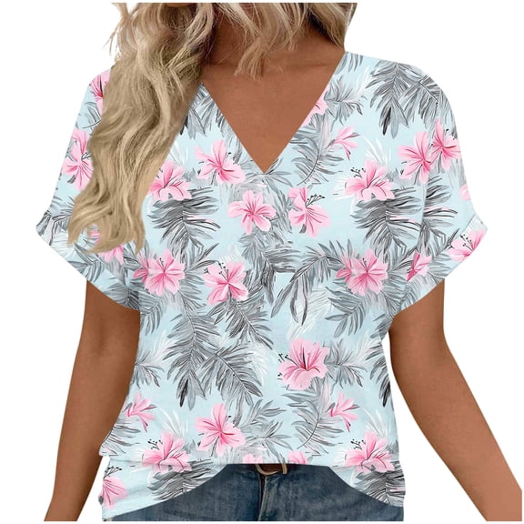 Enjoytime Womens Tops Trendy Vintage Printing V-Neck Short Sleeve Shirt Spring Summer Beach Vacation Casual Blouses Sky Blue L