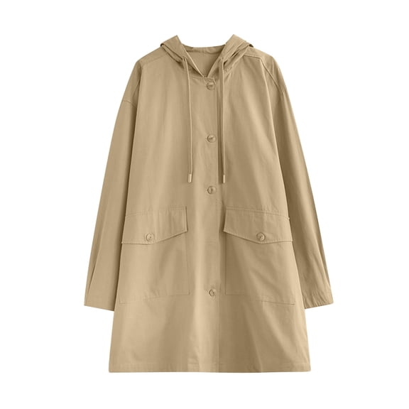 Enjoytime Womens Trench Coat Solid Color Lapel Button Down Hooded Jacket Fall Winter Fashion Trendy Long Sleeve Casual Outerwear Khaki M