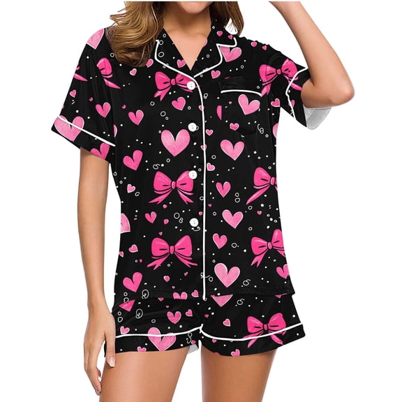 Enjoytime Womens Two Piece Sets Cute Heart Graphic Short Sleeve Loungewear Button Down Shirt and Shorts Pajama Set