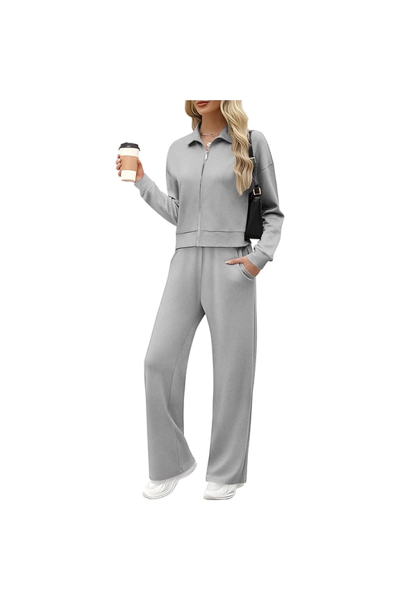 Womens Two Piece Sets Solid Color Long Sleeve Zip Up Cropped Sweatshirt and Wide Leg Sweatpants Outfits Casual Cozy Matching Sweatsuits