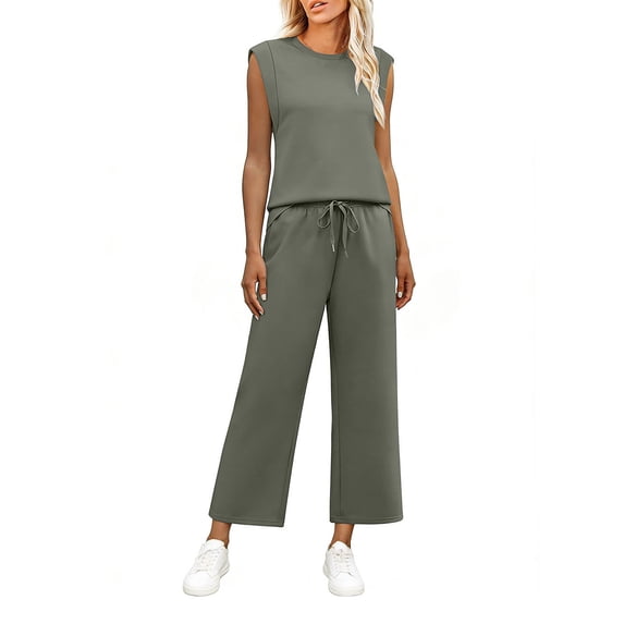 Enjoytime Womens Two Piece Sets Summer Casual Travel Vacation Outfits Short Sleeve Tops with Wide Leg Pants Plus Size Lounge Set