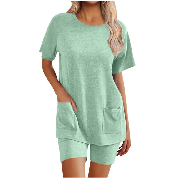 Enjoytime Womens Two Piece Sets Summer Solid Color Short Sleeve Shirts and Shorts Round Neck Sleepwear Casual Travel Outfits 2025 Green B XXL