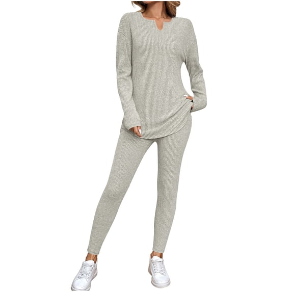 Enjoytime Womens Two Piece Sets V-Neck Long Sleeve Tops and Pants Outfits Solid Color Casual Loose Loungewear Fall Winter Fashion Clothes 2025