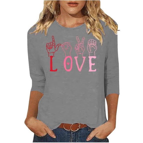 Enjoytime Womens Valentine's Day Shirts Cute Printed Round Neck 3/4 Sleeve Tops Fashion Trendy Casual Plus Size Women Blouses Gray XXXL