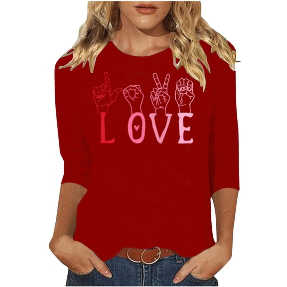 Enjoytime Womens Valentine's Day Shirts Cute Printed Round Neck 3/4 Sleeve Tops Fashion Trendy Casual Plus Size Women Blouses Wine L