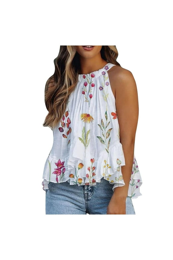 Womens Vest Loose Fit Curved Hem Sleeveless Blouse Beach Tops Flower Printed Pleated Ruffle Halter Tops for Women