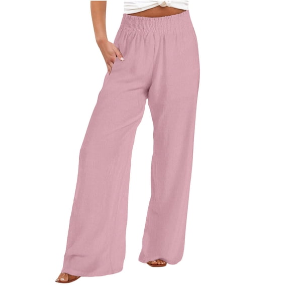 Enjoytime Womens Wide Leg Palazzo Pants Casual Loose Cotton Linen Pants Stretch High Waisted Flowy Pants Plus Size Womens Trouser with Pockets