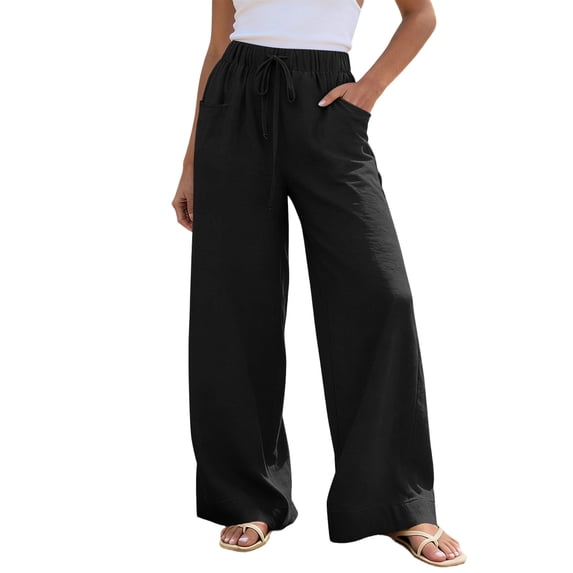 Enjoytime Womens Wide Leg Pants High Waist Drawstring Beach Trousers Summer Loose Casual Vacation Plus Size Pants
