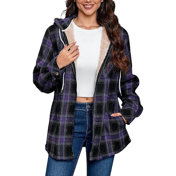 Enjoytime Womens Winter Coats Plaid Print Long Sleeve Casual Outerwear Fall Fashion Cozy Warm Zip Up Jackets with Hood