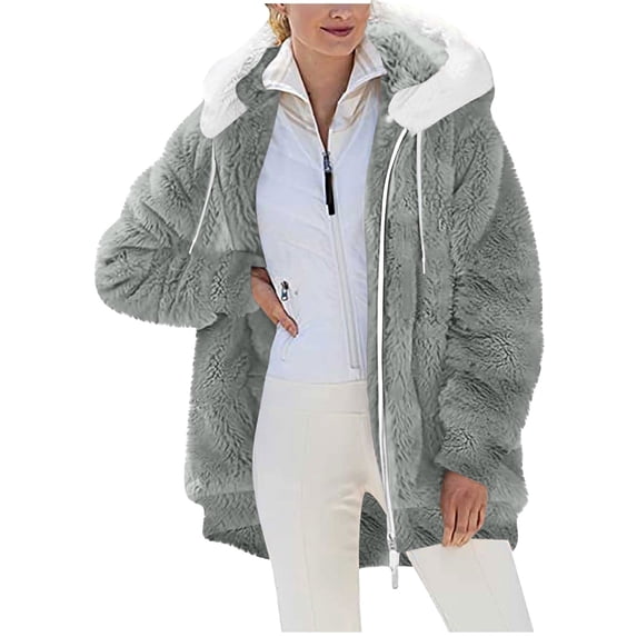 Enjoytime Womens Winter Coats Solid Color Long Sleeve Hooded Zip Up Jacket Fall Warm Soft Casual Loose Outerwear for Women Gray S