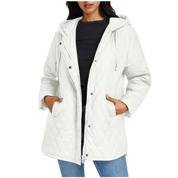Enjoytime Womens Winter Coats Solid Color Long Sleeve Hooded Zip Up Jackets Fall Fashion Warm Mid Length Outerwear