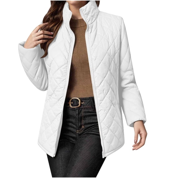 Enjoytime Womens Winter Coats Solid Color Standing Collar Long Sleeve Jacket Warm Lightweight Mid-Length Outerwear 2025 Fall Fashion Clothes White L