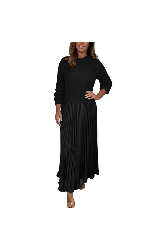Womens Winter Dresses Solid Color Round Neck Pleated Long Dress Long Sleeve Elegant Fashion Fall Dresses Black XXL