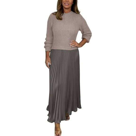 Enjoytime Womens Winter Dresses Solid Color Round Neck Pleated Long Dress Long Sleeve Elegant Fashion Fall Dresses Khaki XXL