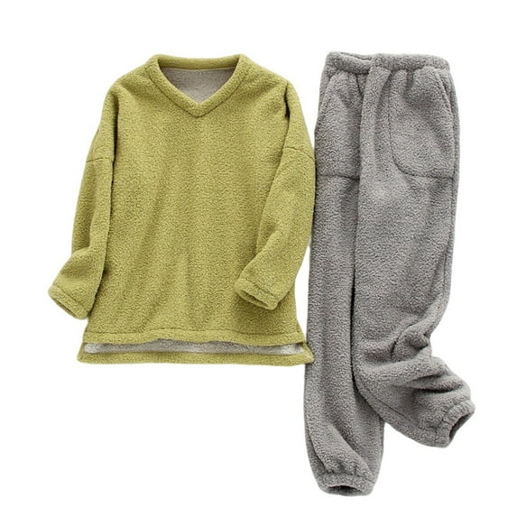 Enjoytime Womens Winter Outfits Solid Color Thick and Velvet Warm Pajamas Crewneck Long Sleeve Tops Pants 2 Piece Sets Soft Comfy Sleepwear