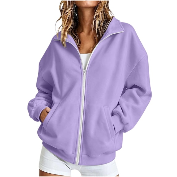 Enjoytime Womens Zip Up Hoodies Collared Long Sleeve Sweatshirt Fall Fashion Lightweight Solid Casual Jacket with Pockets