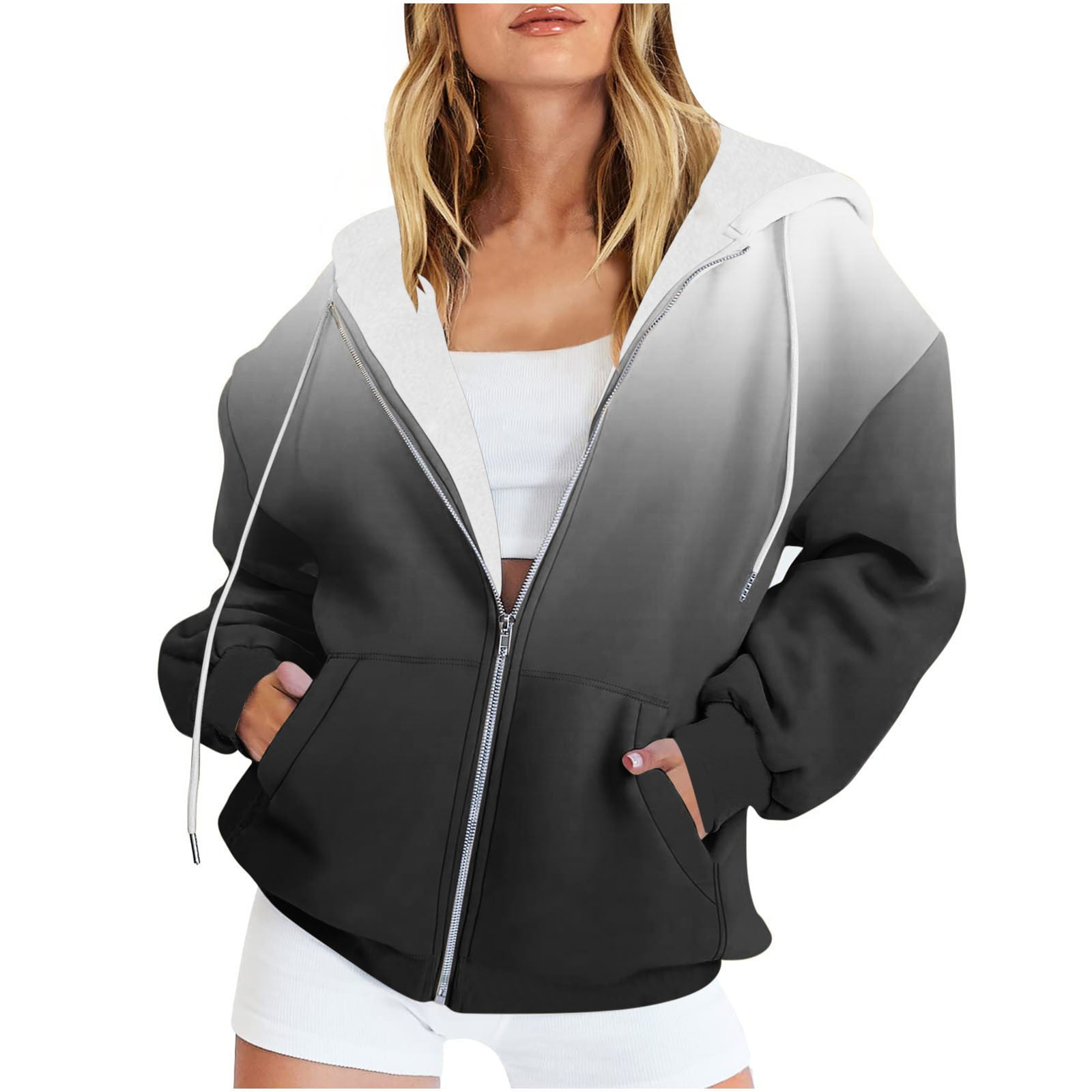 Enjoytime Womens Zip Up Hoodies Gradient Color Long Sleeve Oversized ...