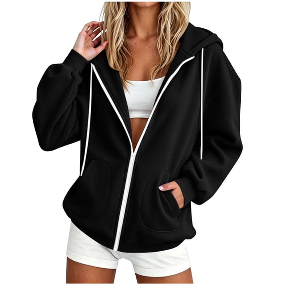 Enjoytime Womens Zip Up Hoodies Long Sleeve Solid Hooded Jacket Fall Fashion Comfy Casual Sweatshirt with Pockets