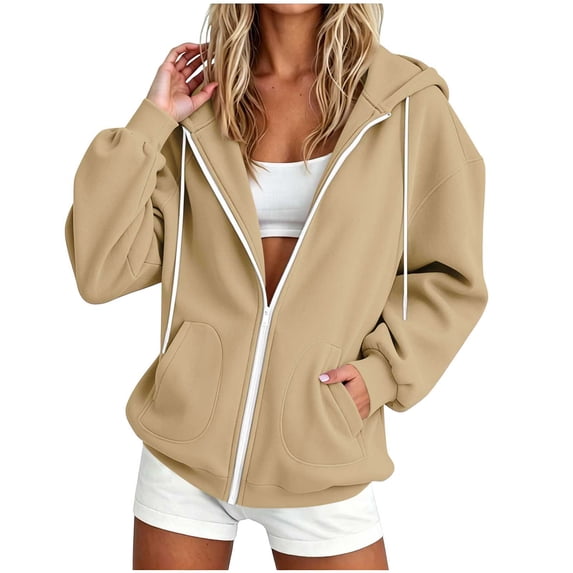 Enjoytime Womens Zip Up Hoodies Long Sleeve Solid Hooded Jacket Fall Fashion Comfy Casual Sweatshirt with Pockets