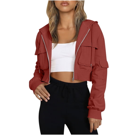 Enjoytime Womens Zip Up Hoodies Solid Color Long Sleeve Cropped Sweatshirts Loose Lightweight Casual Tops Fall Winter Fashion Clothes 2025