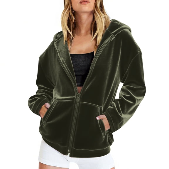 Enjoytime Womens Zip Up Hoodies Solid Color Long Sleeve Sweatshirts Casual Loose Fashion Lightweight Jackets with Pockets Army Green S