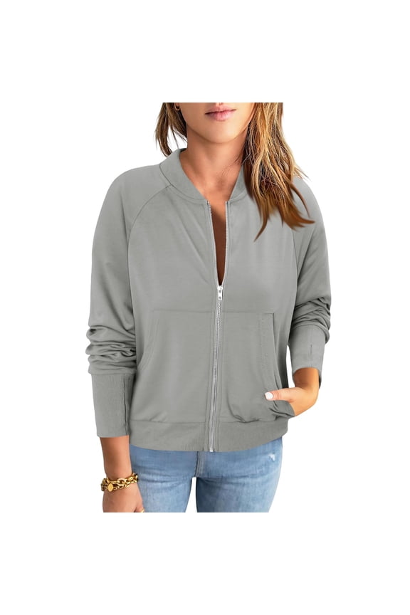 Womens Zip Up Jacket Solid Color Lightweight Cropped Coats Fall Winter Fashion Long Sleeve Casual Outerwear Gray XXL