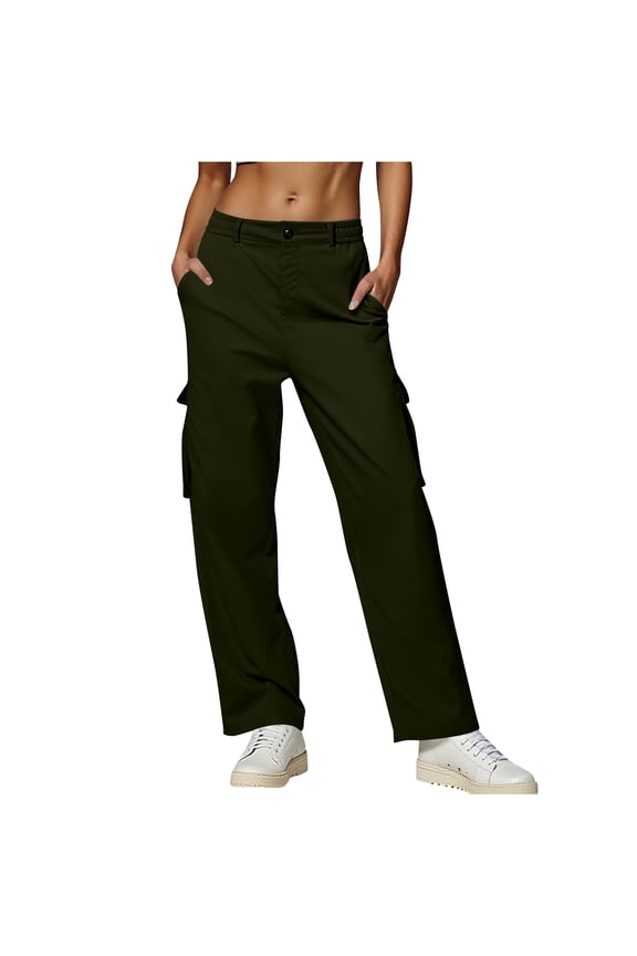 Work Pants Women Casual Solid Color Straight Button Cargo Pants Loose Trendy Business Trousers with Pockets Army Green XL