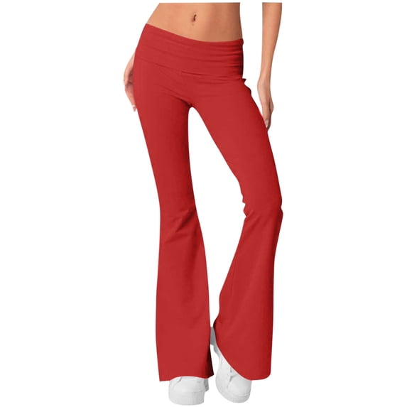 Enjoytime Work Pants Women Solid Color Elastic Waist Flared Pants Office Business Casual Dressy Lounge Trousers Red XL