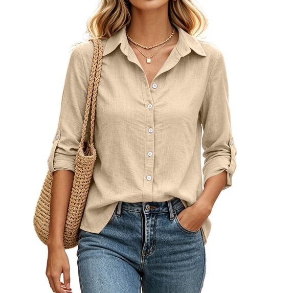 Enjoytime Work Tops for Women Collared Long Sleeve Button Down Shirts Fashion Solid Business Casual Blouses