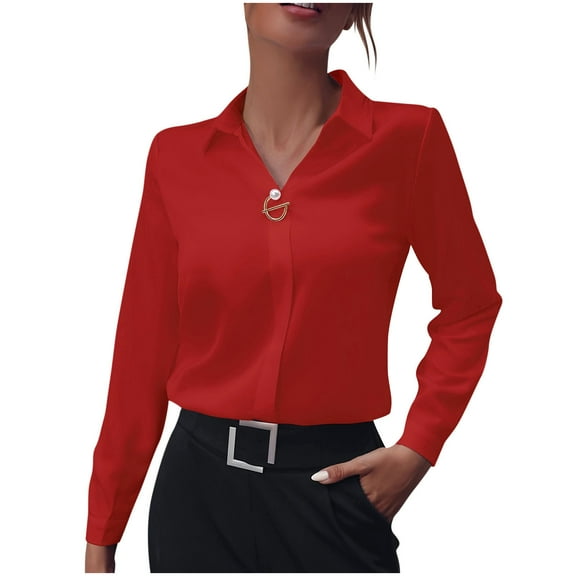 Enjoytime Work Tops for Women Solid Color Lapel Long Sleeve Shirts Dressy Business Casual Blouses Trendy Fall Winter Clothes Red XXL