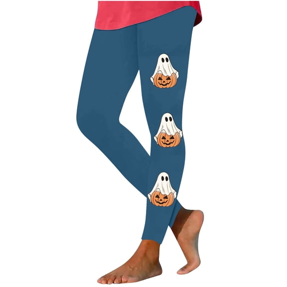 Enjoytime Workout Leggings for Women Cute Ghost Printed High Waist Pants Comfy Casual Athletic Sweatpants Halloween Trousers Blue L