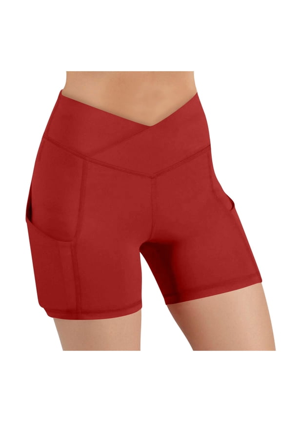 Workout Shorts Women High Crossover Waist Tummy Control Athletic Running Yoga Shorts with Pockets