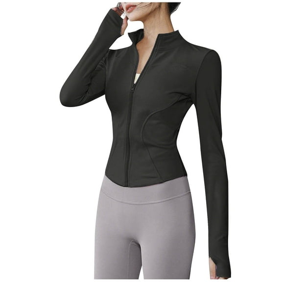 Enjoytime Workout Womens Jacket Long Sleeve Full Zip Casual Outerwear Standing Collar Slim Yoga Blouses Lightweight Gym Running Plus Size Tops Black L