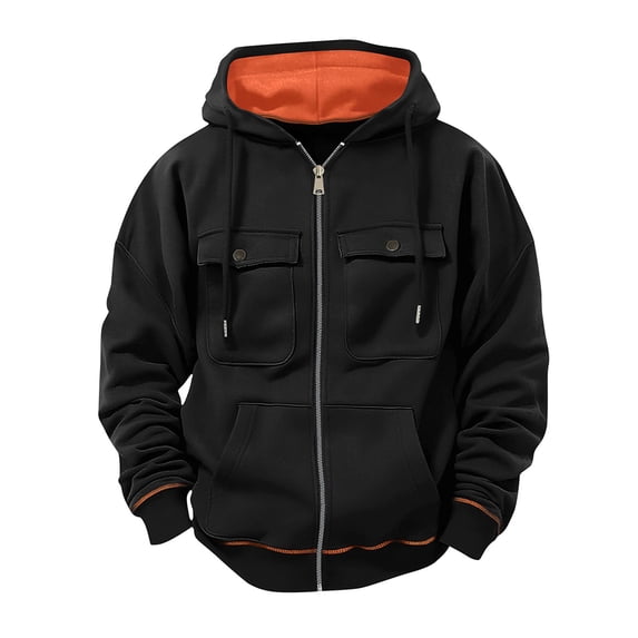Enjoytime Zip Up Hoodie Men Solid Color Fall Winter Oversized Sweatshirt Casual Workout Loose Long Sleeve Tops with Multi Pockets Black XXXL