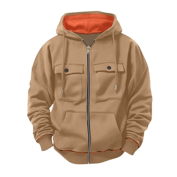 Enjoytime Zip Up Hoodie Men Solid Color Fall Winter Oversized Sweatshirt Casual Workout Loose Long Sleeve Tops with Multi Pockets Khaki XXL