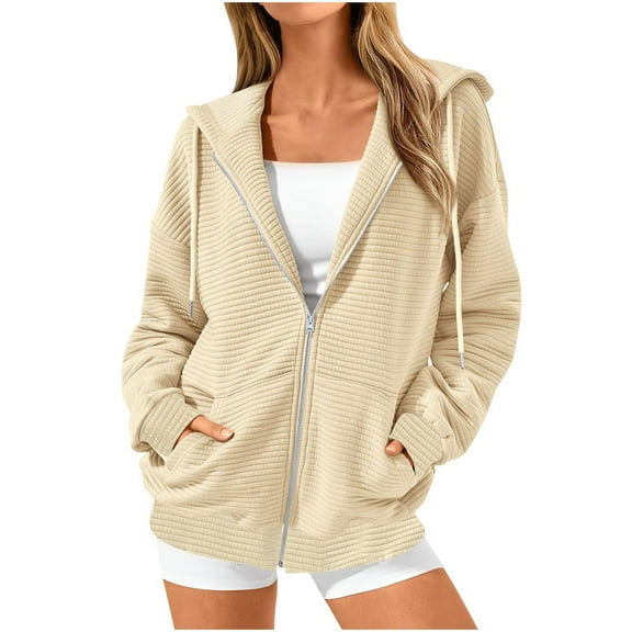 Enjoytime Zip Up Hoodie Women Casual Loose Solid Color Long Sleeve Pullover Tops Fall Winter Fashion Sweatshirt with Pockets Beige XXL