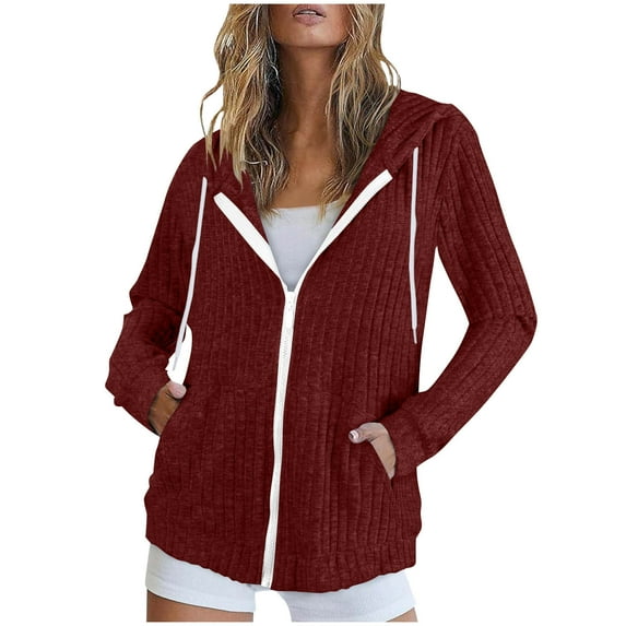 Enjoytime Zip Up Hoodie Women Solid Color Long Sleeve Casual Outerwear Fall Winter Trendy Fashion Womens Lightweight Jackets Wine M
