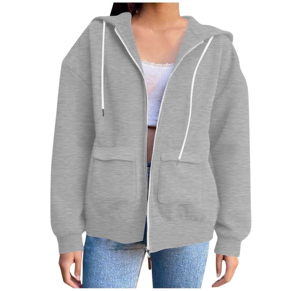 Enjoytime Zip Up Hoodie Women Solid Color Long Sleeve Lightweight Jackets Fall Winter Casual Loose Sweatshirt with Pockets Gray XL