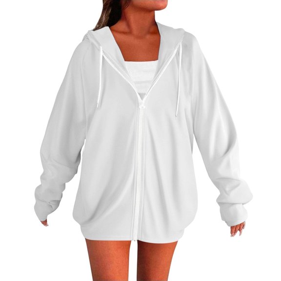 Enjoytime Zip Up Hoodie Women Solid Color Long Sleeved V Neck Tops Fall Fashion Casual Lightweight Coat