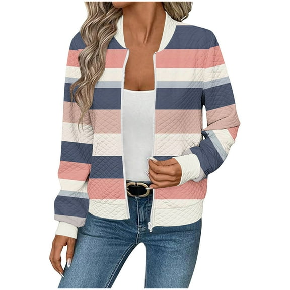 Enjoytime Zip Up Jacket Womens Patchwork Long Sleeve Cropped Outerwear Fall Winter Fashion Casual Coat with Pockets Pink XXL