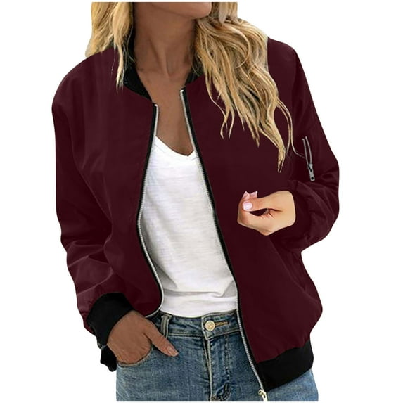 Enjoytime Zip Up Jackets for Women Patchwork Long Sleeve Lightweight Casual Outerwear Casual Trendy Fall Coats for Women 2025 Wine XXL