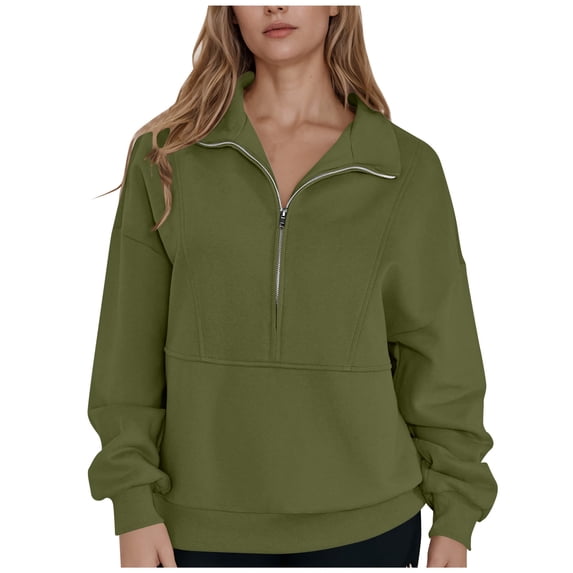 Enjoytime Zip Up Jackets for Women Solid Color V-Neck Long Sleeve Tops Winter Casual Outerwear Trendy Lightweight Fall Coats Army Green XXL