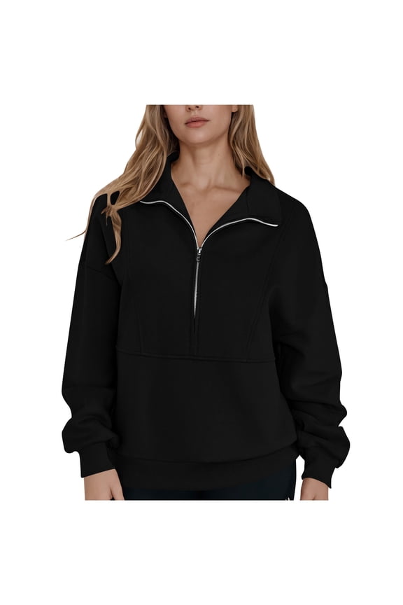 Zip Up Jackets for Women Solid Color V-Neck Long Sleeve Tops Winter Casual Outerwear Trendy Lightweight Fall Coats Black S