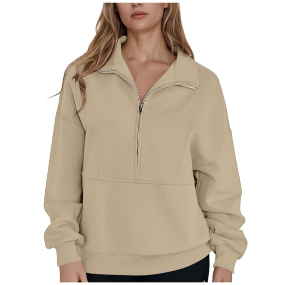 Enjoytime Zip Up Jackets for Women Solid Color V-Neck Long Sleeve Tops Winter Casual Outerwear Trendy Lightweight Fall Coats Khaki M