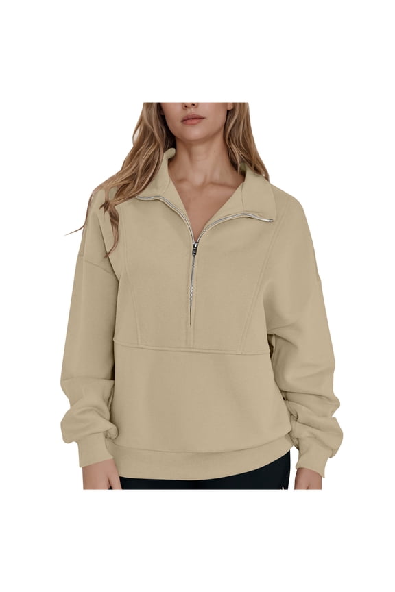 Zip Up Jackets for Women Solid Color V-Neck Long Sleeve Tops Winter Casual Outerwear Trendy Lightweight Fall Coats Khaki S