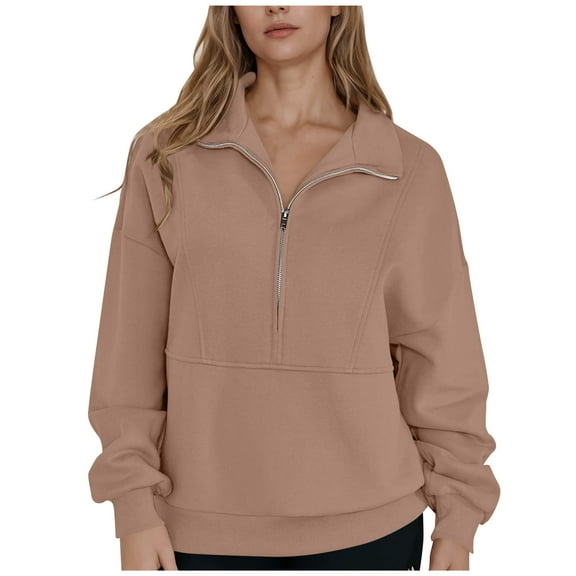 Enjoytime Zip Up Jackets for Women Solid Color V-Neck Long Sleeve Tops Winter Casual Outerwear Trendy Lightweight Fall Coats Rose Gold M