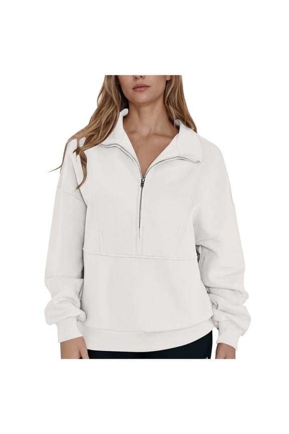 Zip Up Jackets for Women Solid Color V-Neck Long Sleeve Tops Winter Casual Outerwear Trendy Lightweight Fall Coats White S