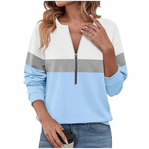 Enjoytime Zip Up Sweatshirt Women Fall Winter Patchwork Long Sleeve Tops Comfy Fashion Pullover Oversized Sweatshirts Light Blue L